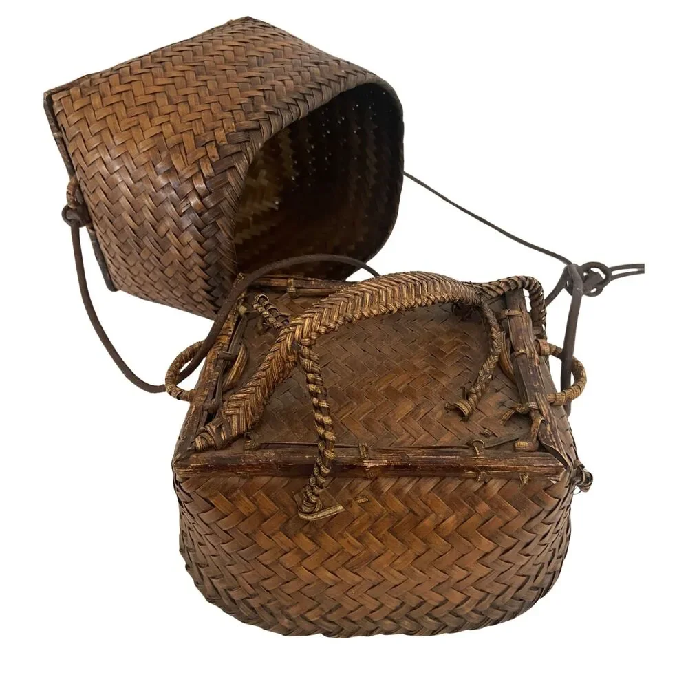 VTG Japanese Bamboo Ikebana Woven Wave Lidded Basket Purse Square Bag